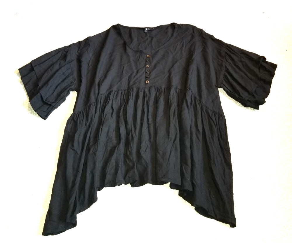 Womens Top-YAK & YETI-black rayon babydoll asymmetric oversized BOHO artsy-L/XL